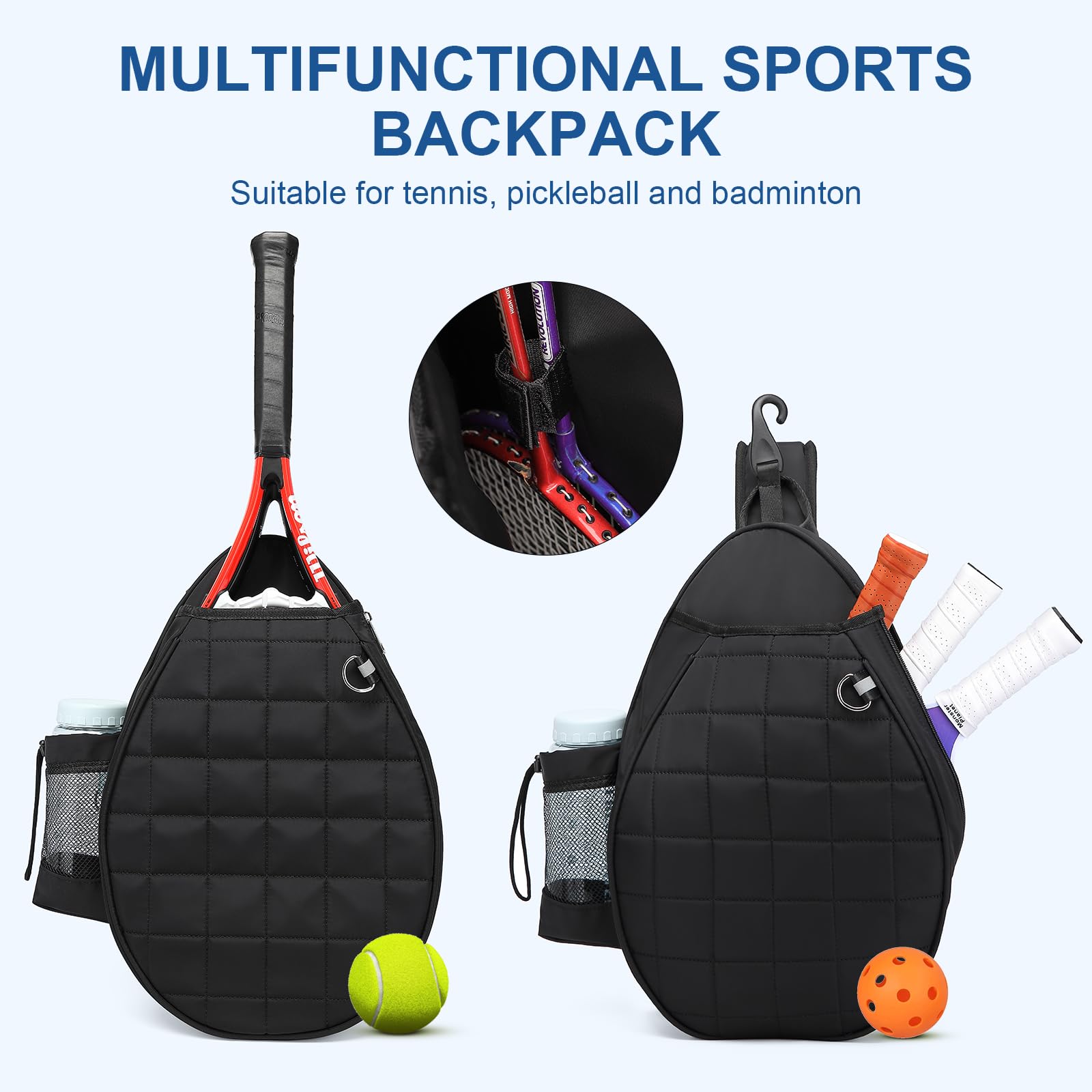 Premium Tennis Backpack for Women & Men - Holds 2 Rackets, Waterproof Pickleball Bag with Quilted Design & Safety Pocket - Ideal for Tennis, Pickleball & Gym Use
