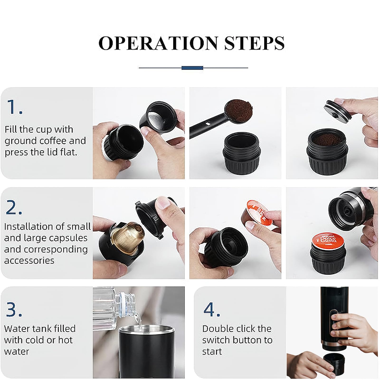 Portable Electric Espresso Coffee Maker - USB Rechargeable, Compatible with Coffee Capsules & Ground Coffee, Fast Heating - Perfect for Travel, Camping, Office & Home Use