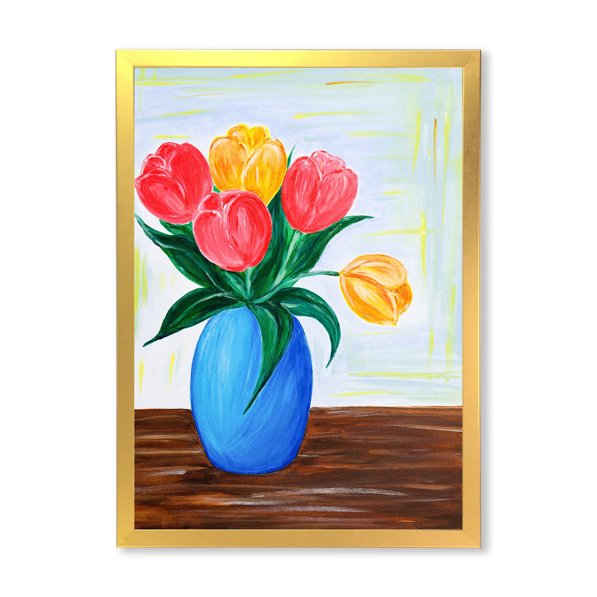 Bouquet of Red and Orange Tulips in Vase - Traditional Framed Wall Art Decor for Living Room, Bedroom & Office