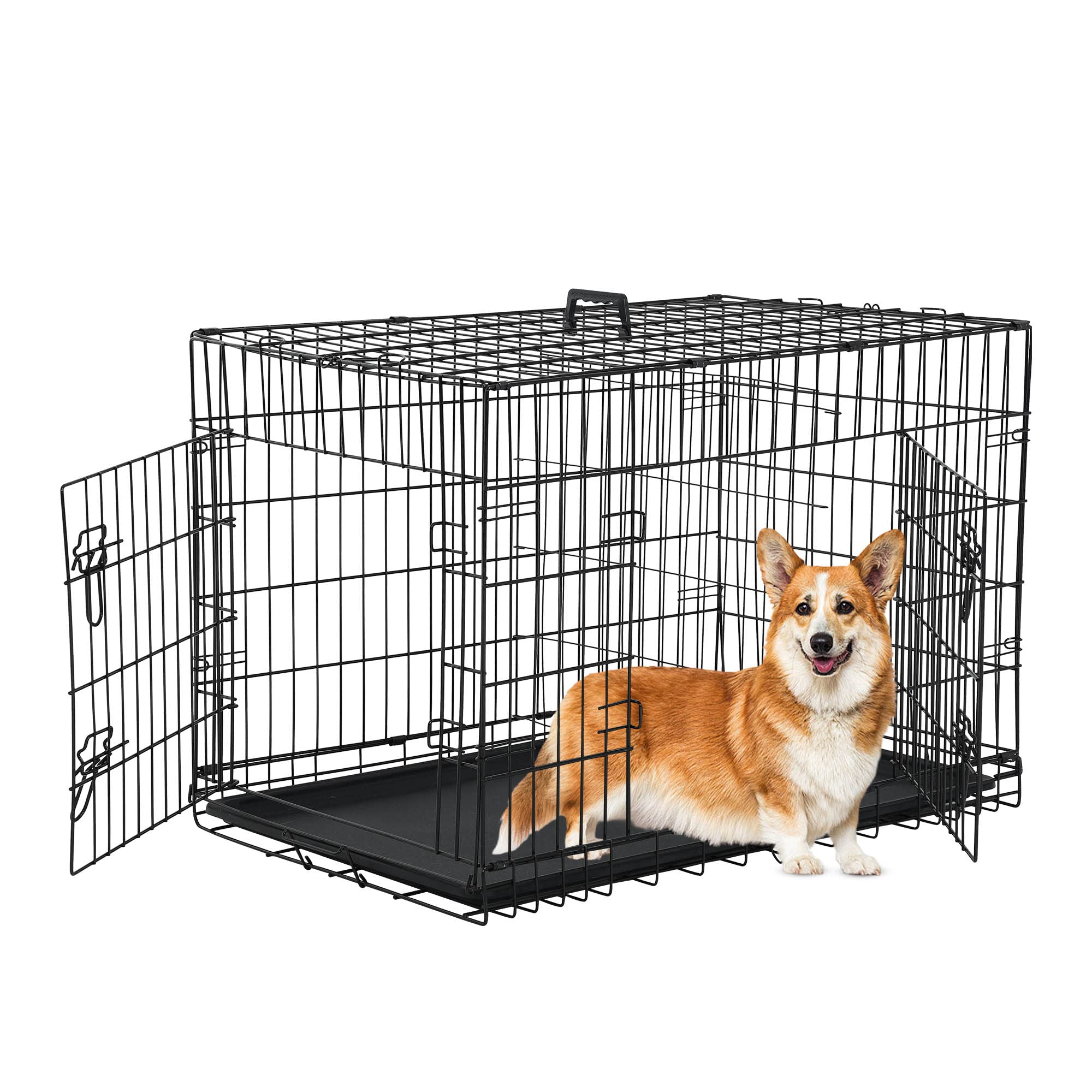 36'' Foldable Metal Wire Dog Crate with Double Door & Double Lock - Portable Collapsible Dog Cage with Leak-Proof Pan, Divider & Handle - Indoor Kennel for Medium Dogs - Perfect for Home, Travel & Training Use