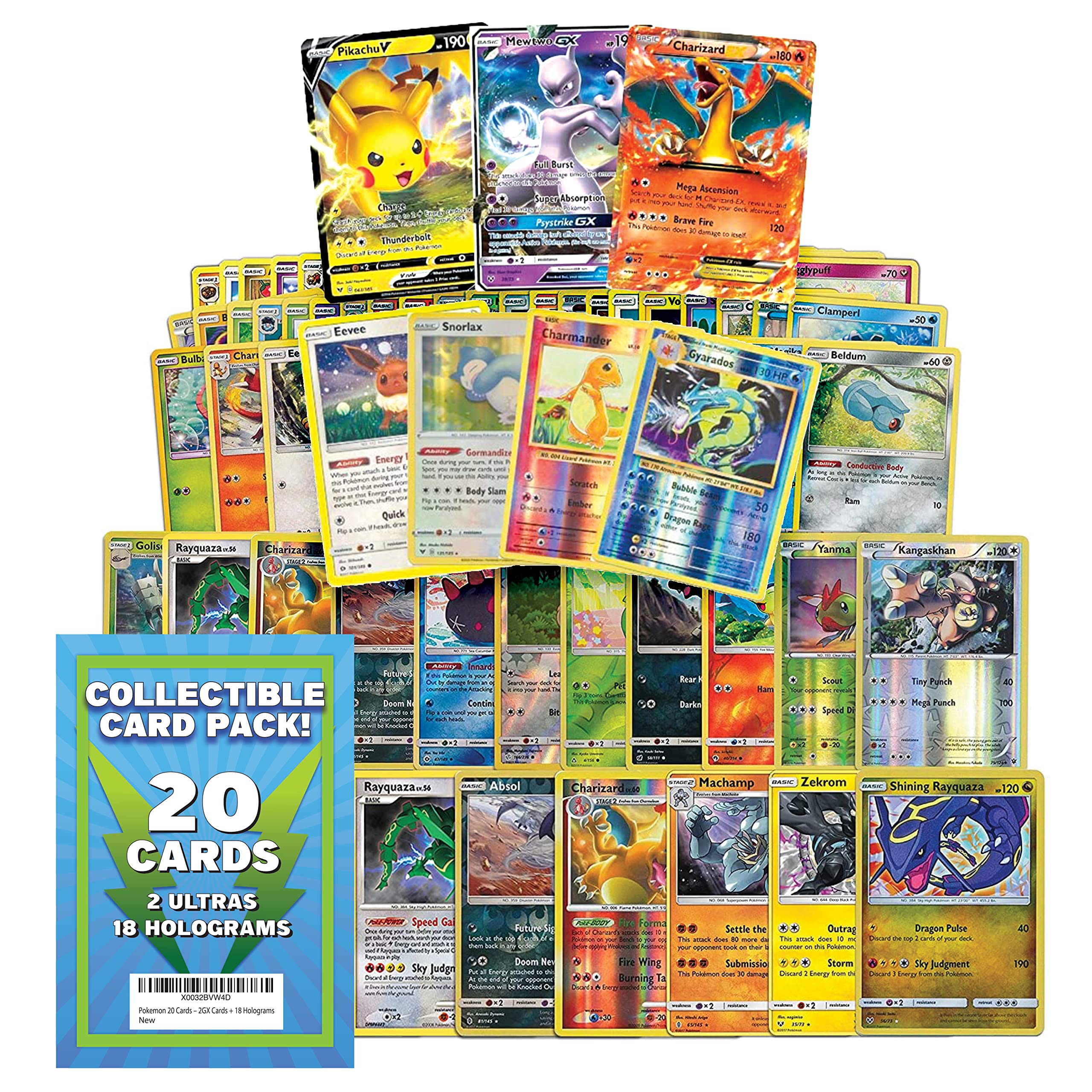 Pokemon 20 Trading Cards Set - 2 Ultra Rare & 18 Holographic Cards - Randomized Booster Pack - No Common Cards - TCG Collectible Game for Battles & Trading - Perfect for Tournaments, Gifts, and Card Collectors