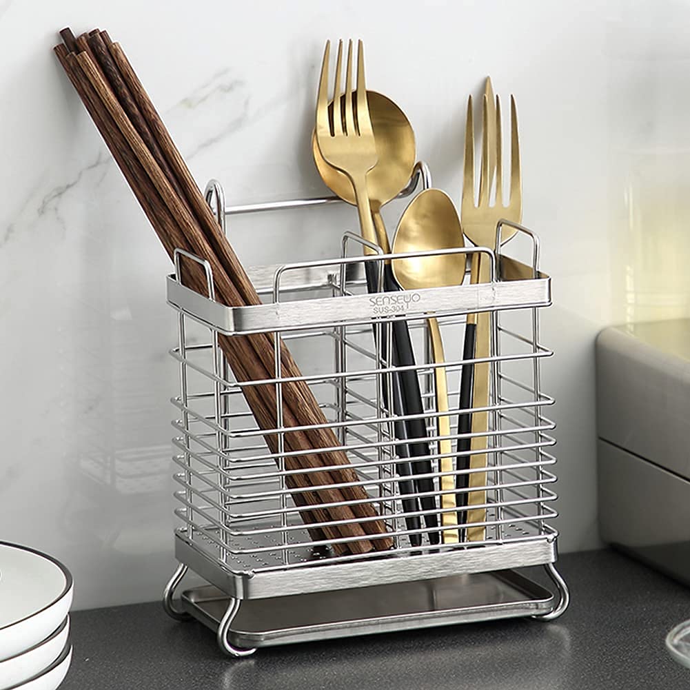 Premium 304 Stainless Steel 2-Tier Square Mesh Utensil Drying Rack - Chopsticks, Spoon, Fork & Knife Drainer Basket - Compact Flatware Storage Organizer for Kitchen Countertop, Dish Rack & Drip Tray