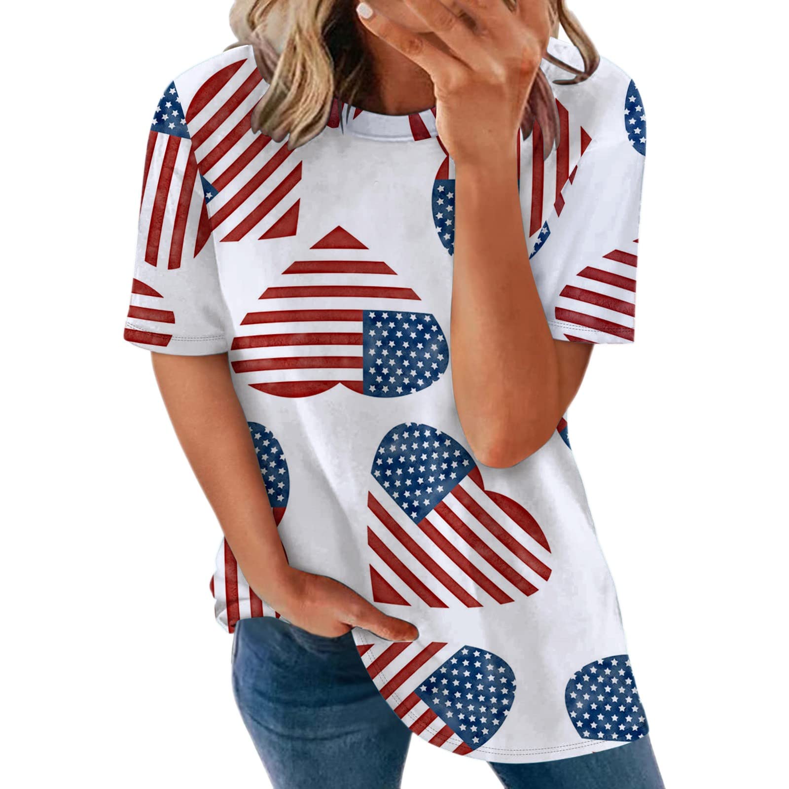 Women's Short Sleeve USA Flag Print Casual T-Shirt - Summer Comfort O-Neck Tee Top with White Lace Trim | Perfect for 4th of July, Patriotic Events & Everyday Wear