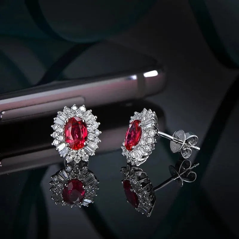 1.18ct Natural Red Ruby Stud Earrings with 0.62ct H SI Diamonds in 14K White Gold - Elegant Jewelry for Women, Perfect for Weddings, Anniversaries & Special Occasions