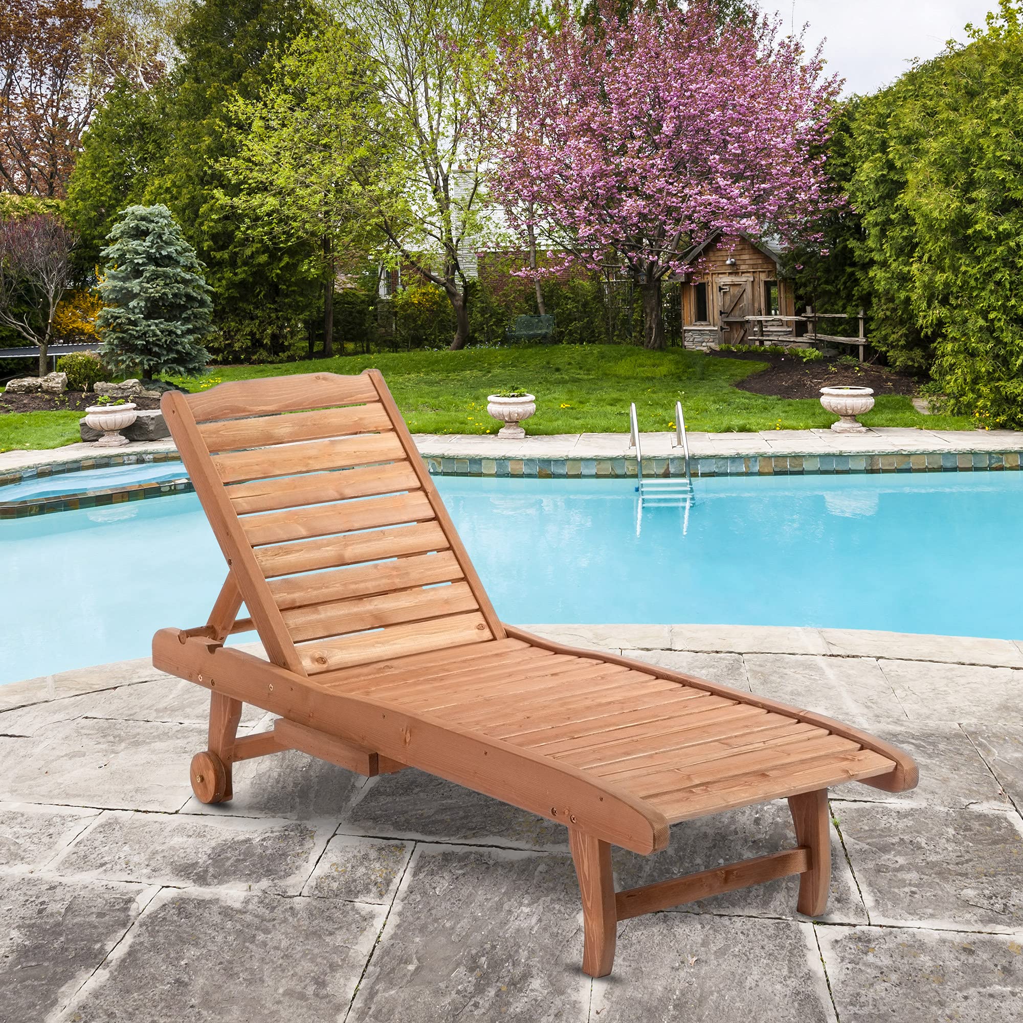 Outsunny 3-Level Adjustable Wooden Chaise Lounge Chair with Built-in Table & Wheels for Outdoor, Poolside, Beach - Brown Red Patio Furniture for Sunbathing, Relaxing by the Pool or Backyard Lounging