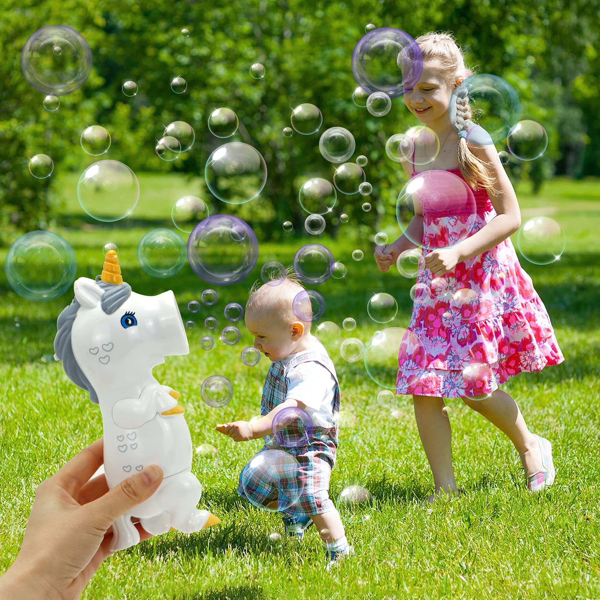 JOYIN Unicorn Bubble Blower Wand with Music & LED Lights | Bubble Gun with Bubble Solution | Birthday Party Favors & Summer Outdoor Toys | Fun for Kids, Pool Parties & Backyard Activities