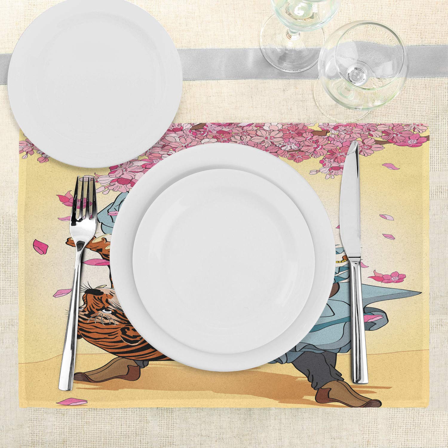 Ambesonne Japanese Style Place Mats Set of 4 - Samurai Tiger & Sakura Cherry Blossom Cartoon Print Washable Fabric Table Mats for Dining Room & Kitchen Decor - Perfect for Asian-Themed Dinner Parties & Home Decor