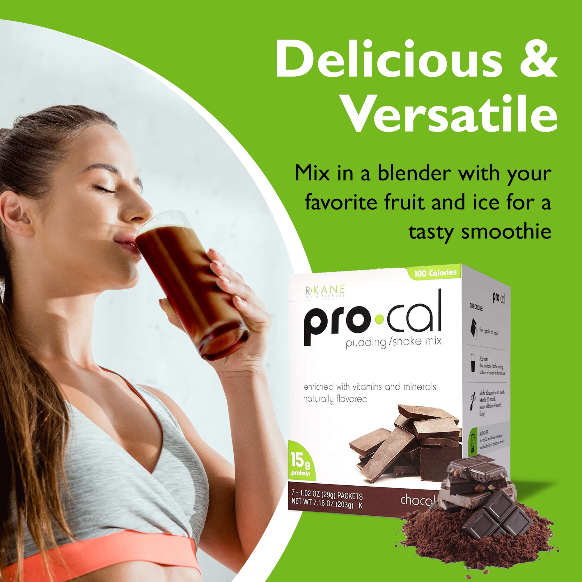 Pro-Cal Chocolate Protein Drink Mix - High Protein, Low Calorie Shake & Pudding Mix (15g Protein) - Meal Replacement & Breakfast Boost - 7 On-the-Go Packets - Perfect for Gym, Workout Recovery & Busy Mornings