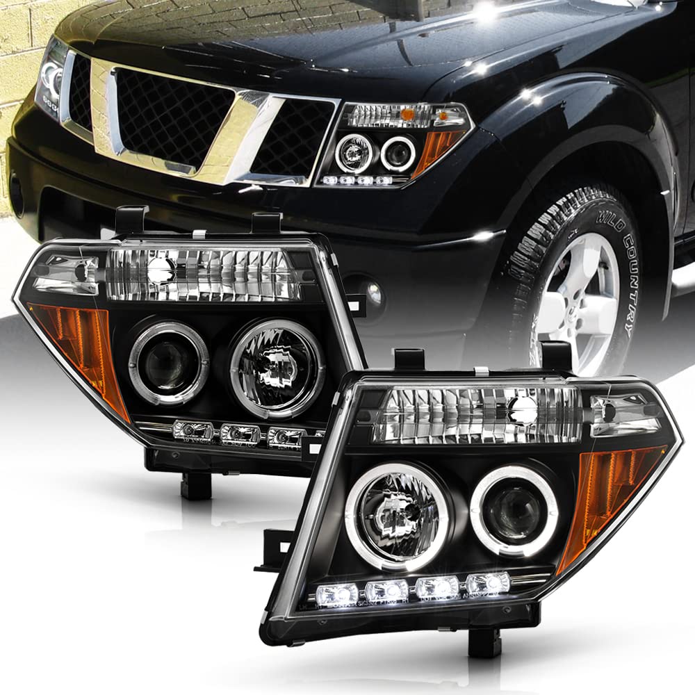 ACANII LED Halo Projector Headlights for 2005-2008 Nissan Frontier & 2005-2007 Pathfinder - Black Housing Headlamps Pair (Left+Right) | Improved Night Visibility & Stylish Upgrade