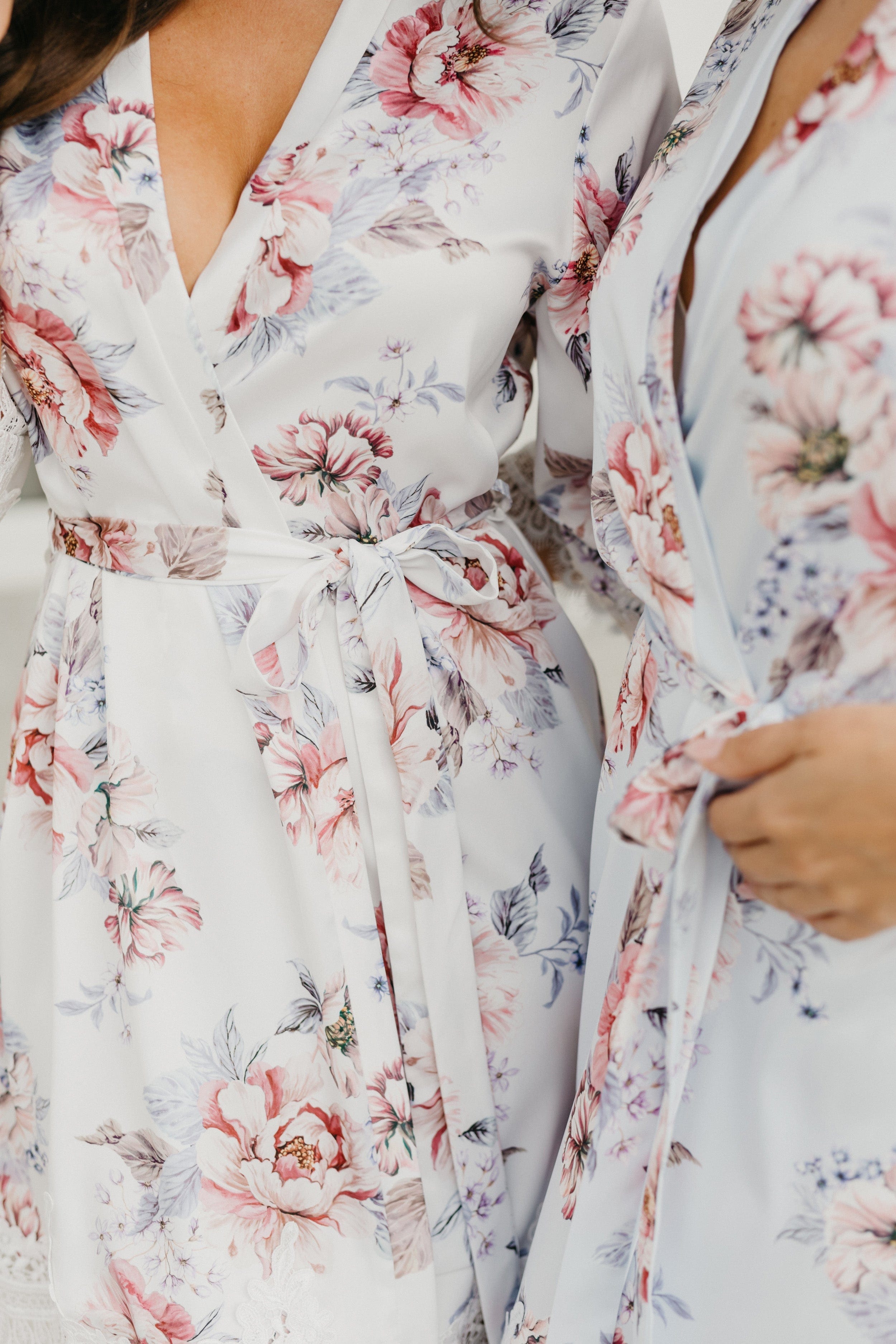Serena Veiled Rose Printed Lace Trim Satin Robe - Elegant Bridal Lingerie & Boudoir Dress for Wedding Night, Honeymoon & Romantic Occasions