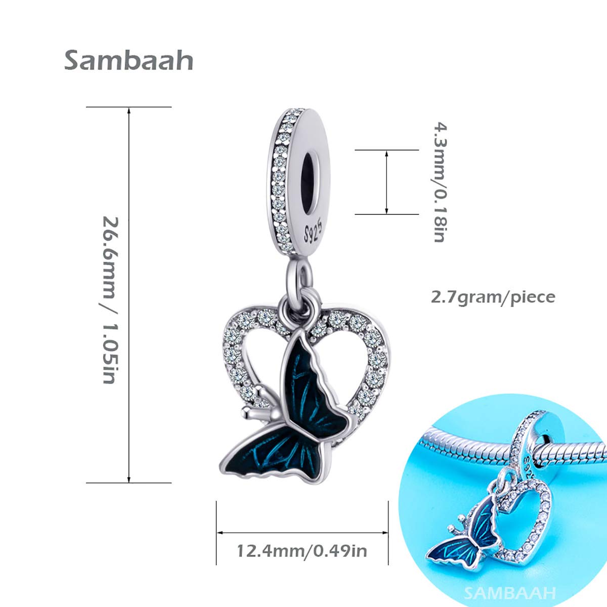 Butterfly Charm Sterling Silver Pendant - Heart Shaped Enameled Lucky Charm Bead with Cubic Zirconia for Women's Bracelets | Elegant Jewelry Gift for Birthday, Anniversary & Everyday Wear