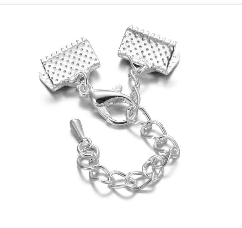 20mm Silver Ribbon End Clamp Crimps with Lobster Clasp & Extension Chain - DIY Jewelry Making Kit for Bracelets, Necklaces & Craft Projects (Includes Storage Container)