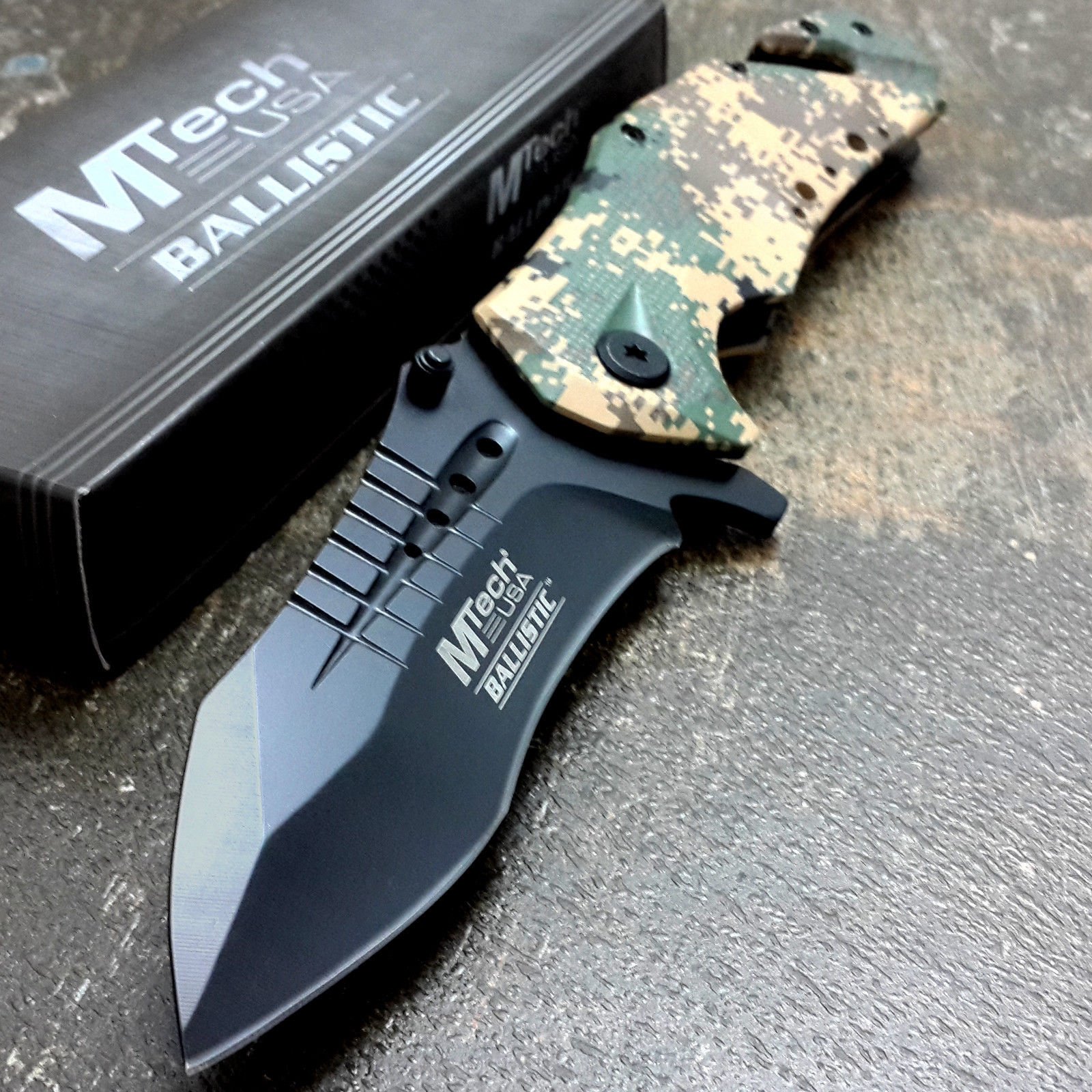 M-TECH KNIVES Assisted Opening Folding Knife - Desert Army Camo Rescue Tanto Blade - Tactical EDC, Outdoor Survival, Camping & Hunting Gear