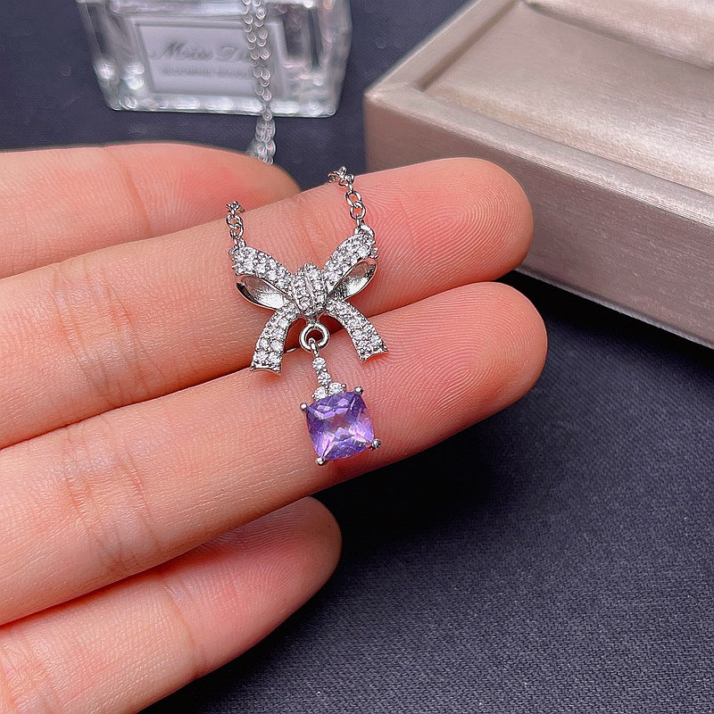 White Gold Amethyst Aquarius Bow Pendant Necklace for Women | Elegant Zodiac Jewelry Gift for Birthday, Anniversary & Valentine's Day | Perfect for Everyday Wear & Special Occasions