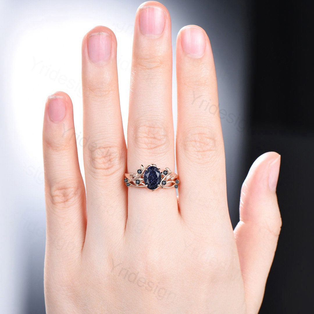 Natural Inspired Leaf Blue Sandstone Ring Set - Cluster Spinel Galaxy Engagement Ring for Women - Unique Leaves Branch Design - Personalized Anniversary Gift - Perfect for Weddings, Proposals & Special Occasions