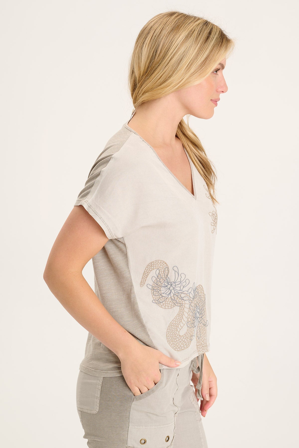 Jolina Women's Twill V-Neck Embroidered T-Shirt - Casual Comfort Top for Everyday Wear, Work & Weekend Outfits
