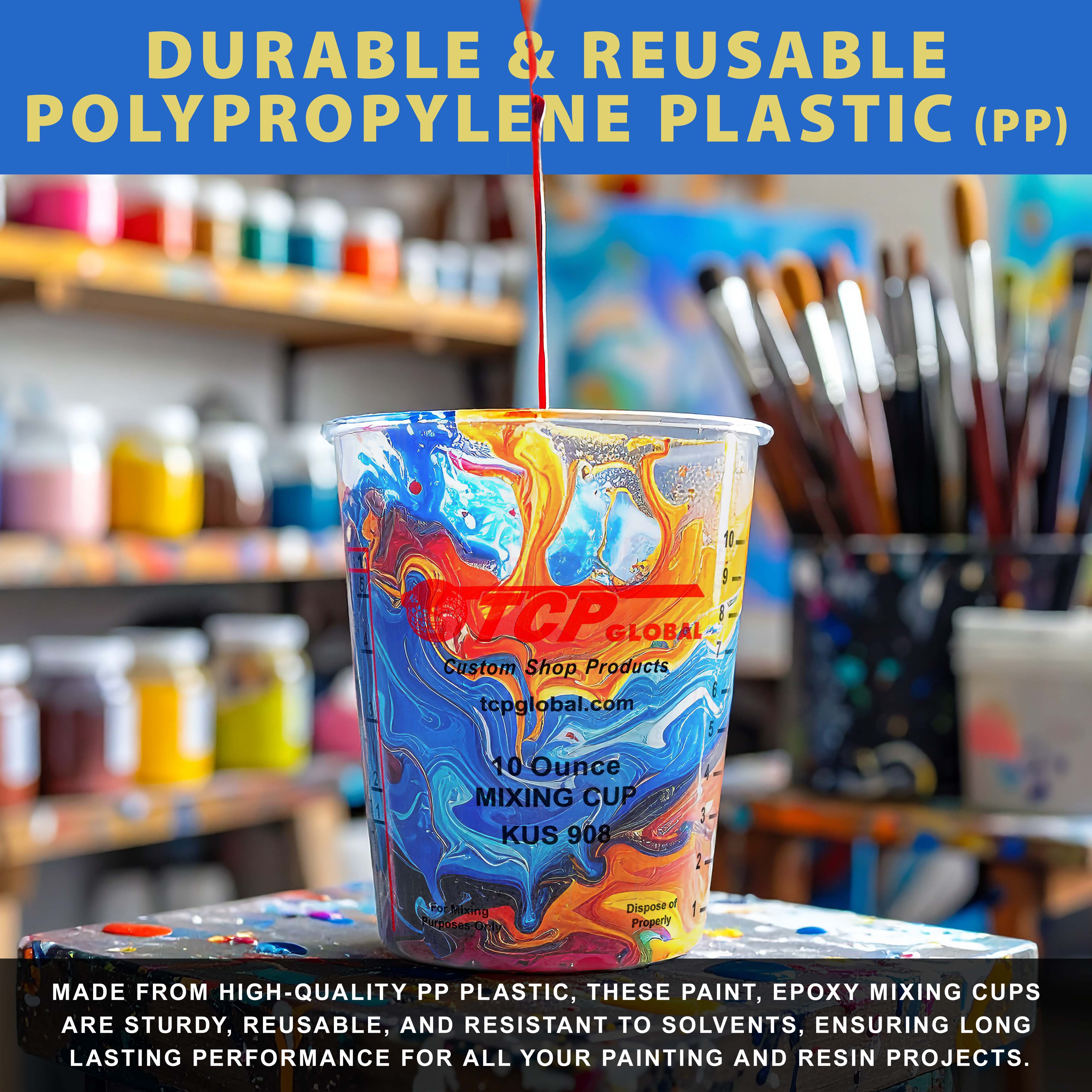 10oz Paint Mixing Cups (12 Pack) - Disposable & Reusable Plastic Measuring Cups for Automotive Painting, Epoxy Resin, Acrylic Arts & Crafts - Graduated with Mixing Ratios - Perfect for DIY Projects, Home Improvement & Professional Use