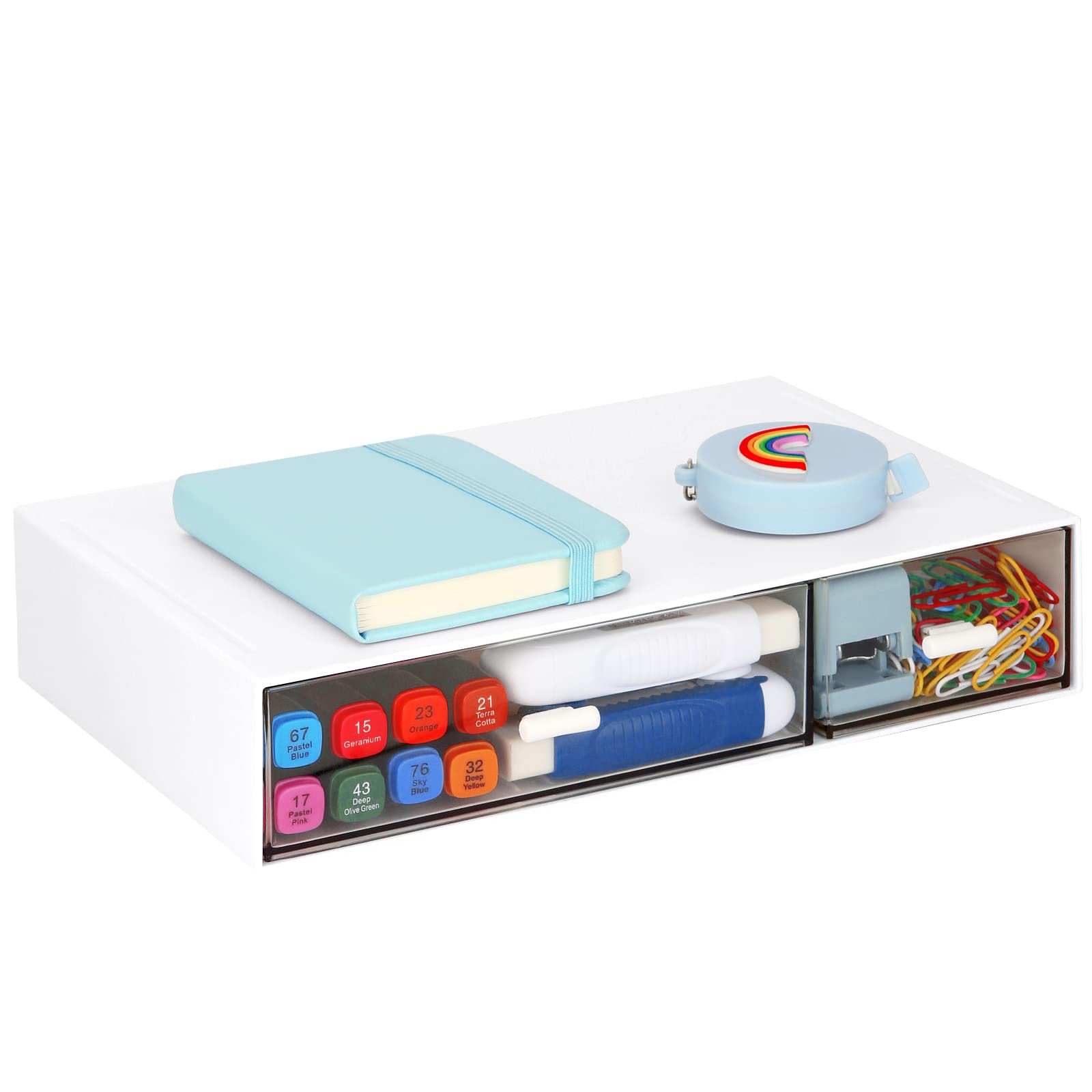 LETURE Stackable Desk Organizer - 2 Drawer Plastic Storage for Office, School & Home | Organize Pens, Pencils, Markers & Makeup Supplies | Perfect for Workspace, Study Desk & Vanity Organization (White)