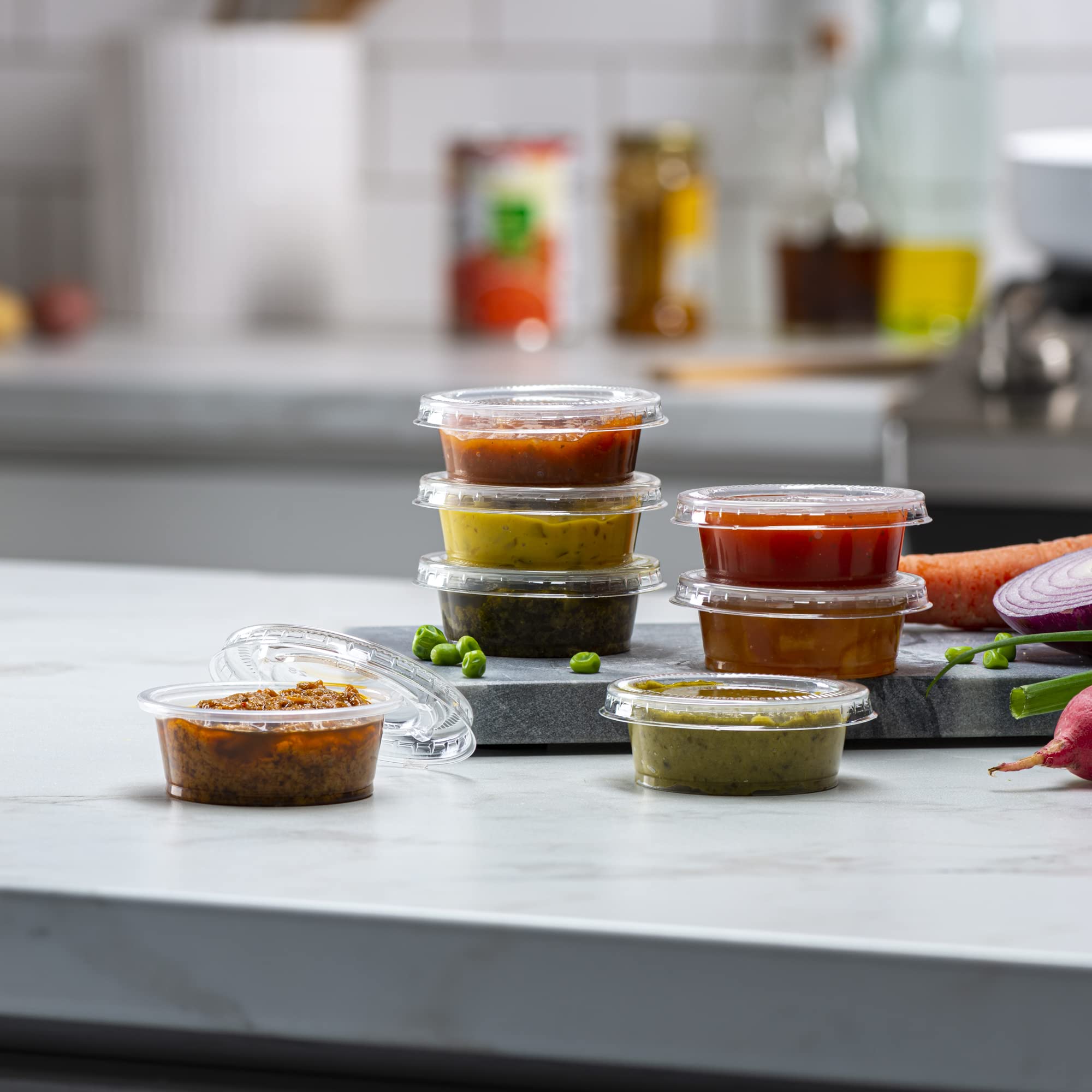 1.5 oz (200 Sets) Clear Disposable Plastic Portion Cups with Lids - Mini Containers for Portion Control, Jello Shots, Meal Prep, Sauces, Slime & Crafts | Perfect for Parties, Catering & Food Storage
