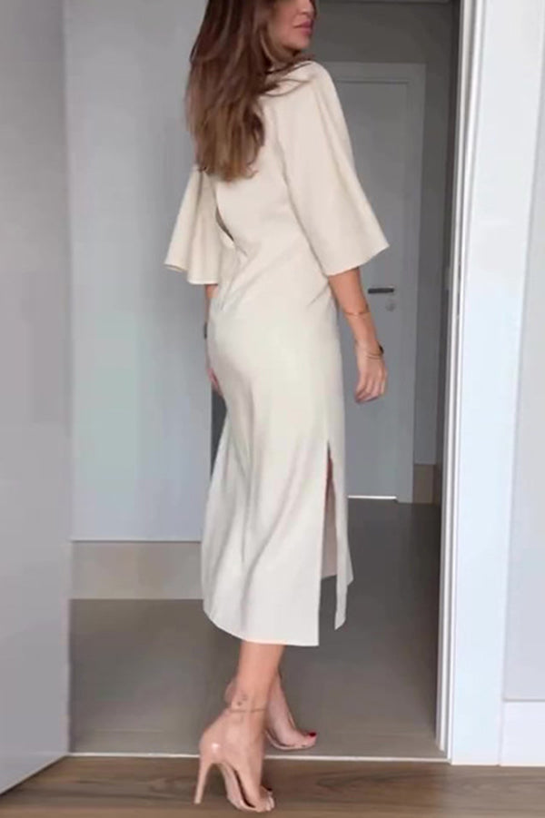 Solid Color V-Neck Half Sleeve Casual Waist-Tied Midi Dress for Women - Perfect for Summer Outings, Beach Vacations & Date Nights