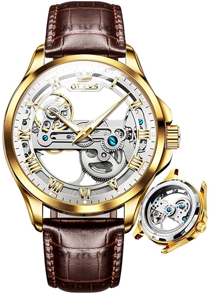 OLEVS Men's Automatic Skeleton Watch - Self-Winding Mechanical Dress Watch with Leather Strap, Waterproof & Luminous - Perfect for Business, Formal Events & Luxury Gifting