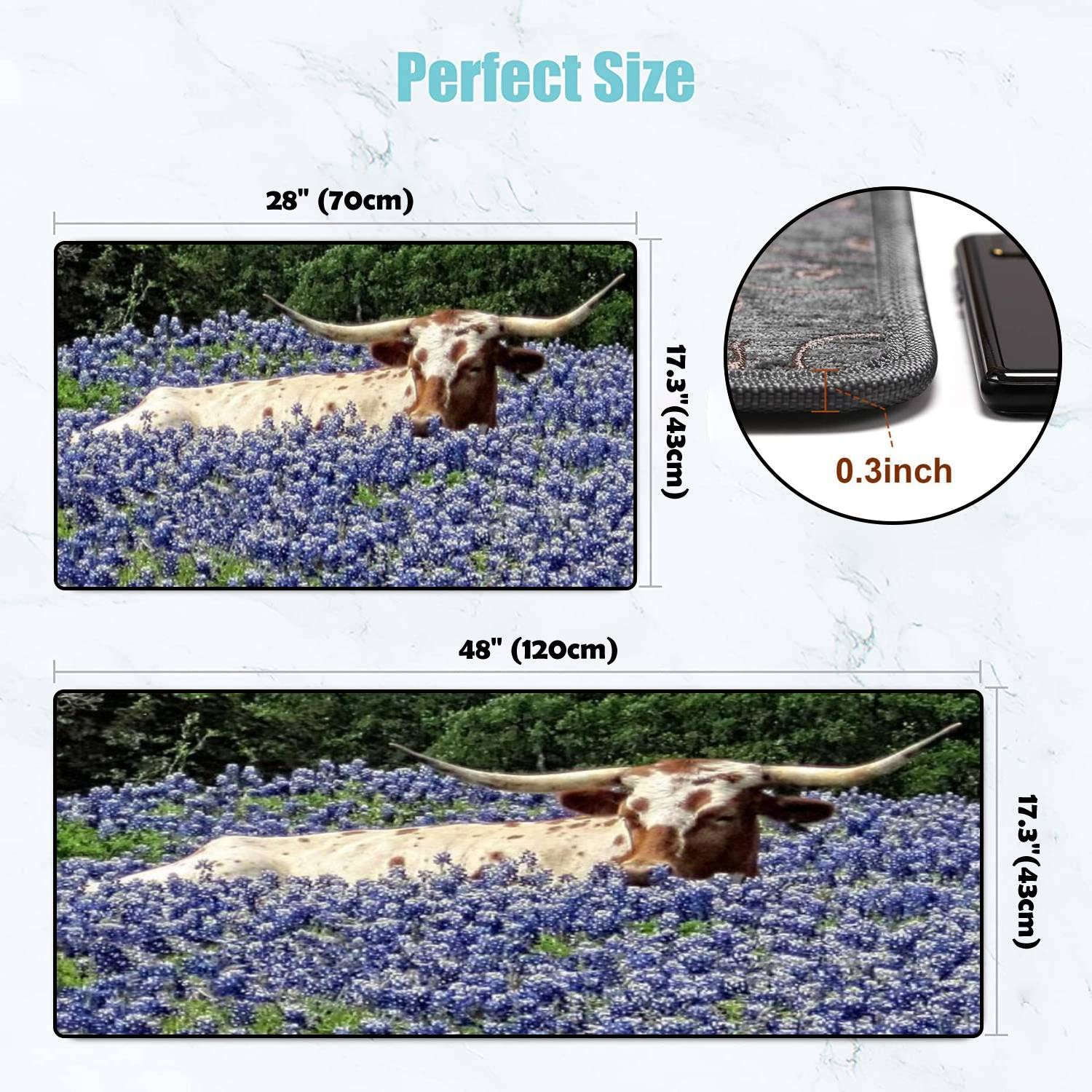 Non-Slip Washable Kitchen Rugs Set - Longhorn in The Bluebonnets Texas Design, Anti-Fatigue Floor Mats for Standing Comfort, Kitchen Runner & Bath Rug Decor - Perfect for Home, Office, and High-Traffic Areas
