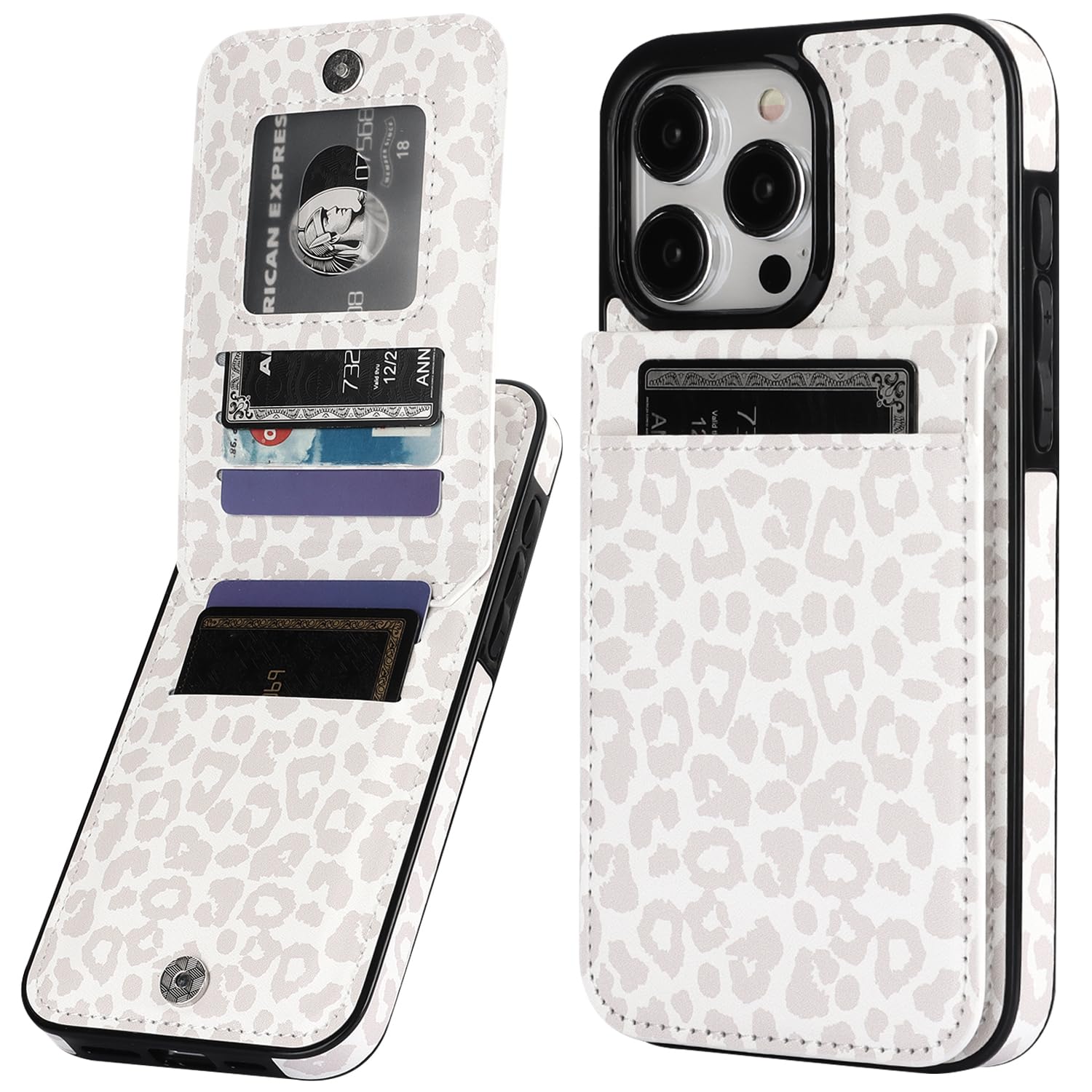 Vaburs iPhone 15 Pro Max Case Wallet - Premium PU Leather Magnetic Flip Cover with Credit Card Holder | White Leopard Cheetah Pattern | Shockproof Protective Case for 6.7