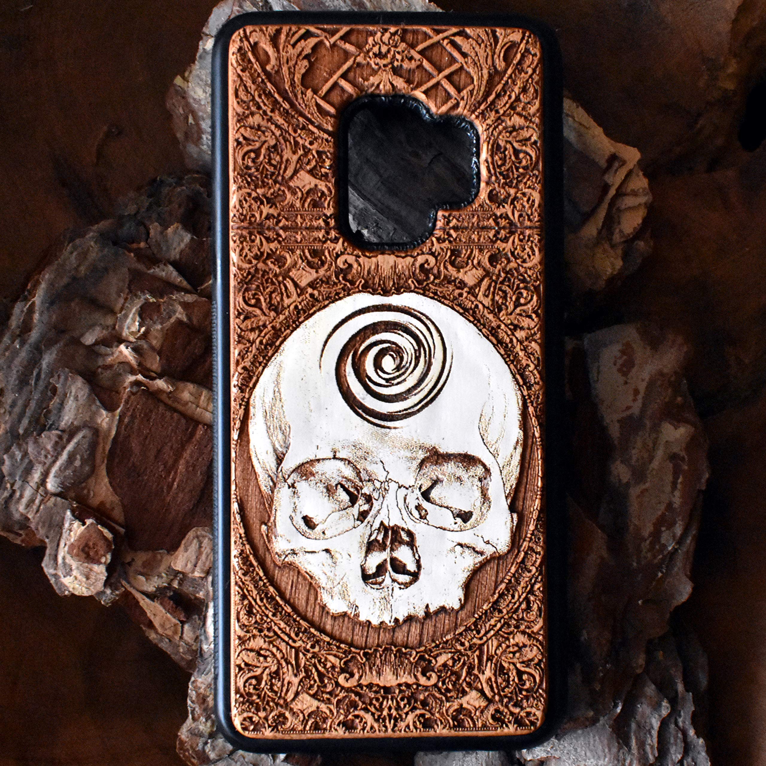Hand-Painted Skull Laser Engraved Wooden Phone Case for iPhone 16/15/14/13/12/11 Pro Max/Mini & Galaxy S25/S24/S23/S22/S21/S20 Ultra Plus - Eco-Friendly Slim Durable Wood Cover | Perfect for Halloween, Gothic Style & Nature Lovers