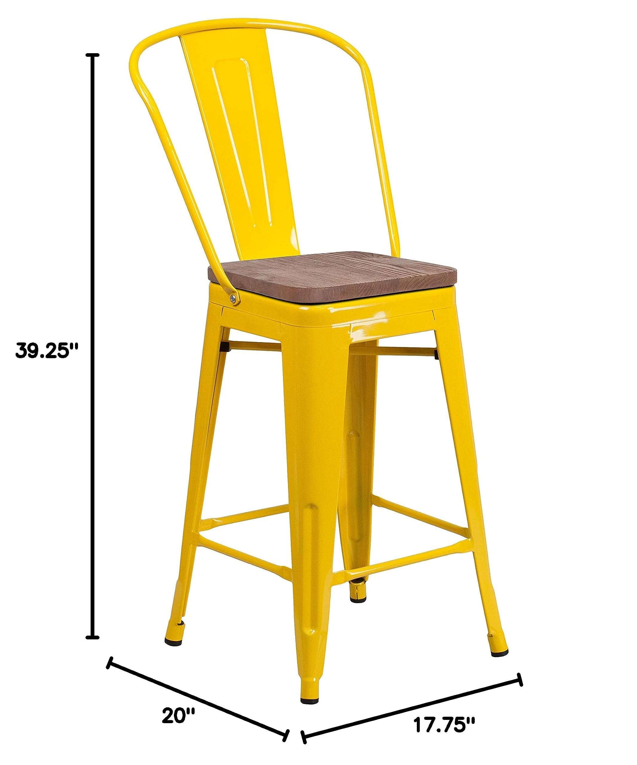 EMMA + OLIVER 24 Inch Yellow Metal Counter Height Bar Stool with Backrest and Solid Wood Seat - Perfect for Kitchen Islands, Breakfast Bars & Home Decor