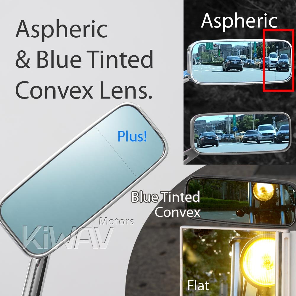 KiWAV Rectangular Motorcycle Mirrors - ClassicPlus Polished Chrome, Convex Aspherical Anti-Glare with Blue Tint, 10mm Longer Stem & 5/16