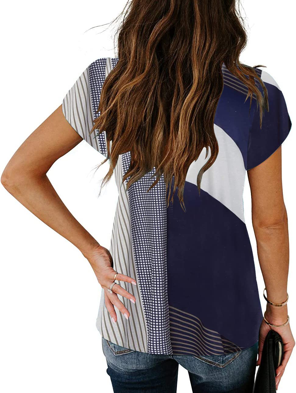ETCYY Women's Summer Tops 2025 | Trendy Casual Striped Print Blouse | Cute Petal V-Neck Short Sleeve Shirt for Spring & Summer | Perfect for Beach Outings, Date Nights & Casual Wear