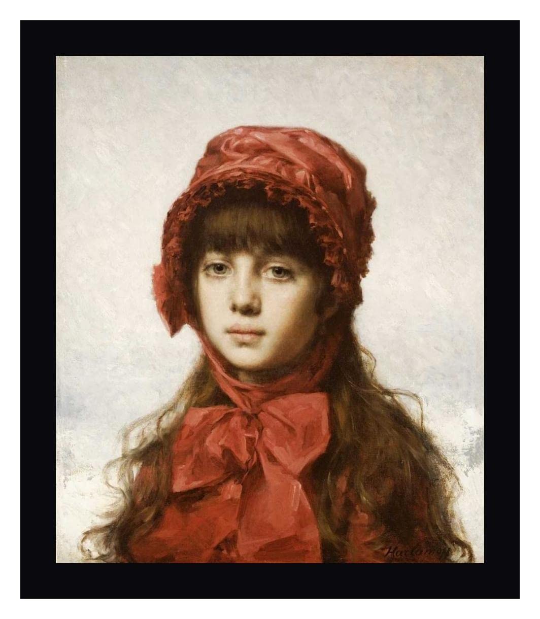 Alexei Alexeiewitsch Harlamoff The Red Bonnet - 26x30 Inch Framed Canvas Art Print with Black Frame - Ready to Hang Wall Decor - Perfect for Living Room, Bedroom & Office Decor