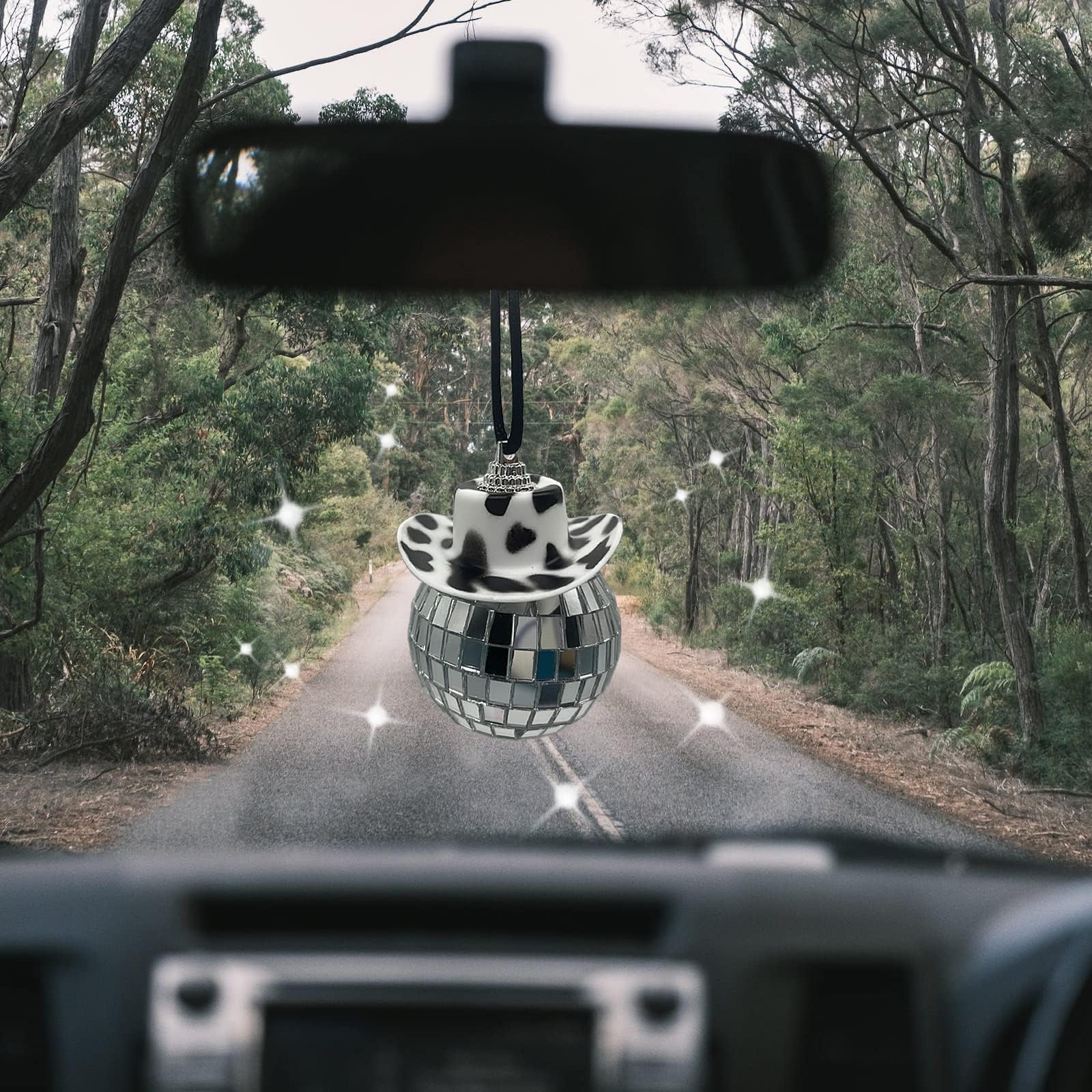 Black Cow Print Car Mirror Hanging Accessories - Disco Ball & Cowboy Hat Rear View Mirror Decor - Fun Car Charm for Parties, Road Trips & Gifts (2 Pack) | Perfect for Birthday Celebrations, Car Shows & Themed Events
