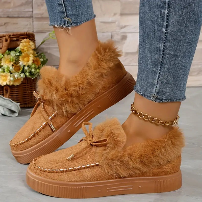 Bow Furry Round Toe Flat Slip Ons - Women's Comfortable Casual Loafers for Home, Office & Outdoor Wear
