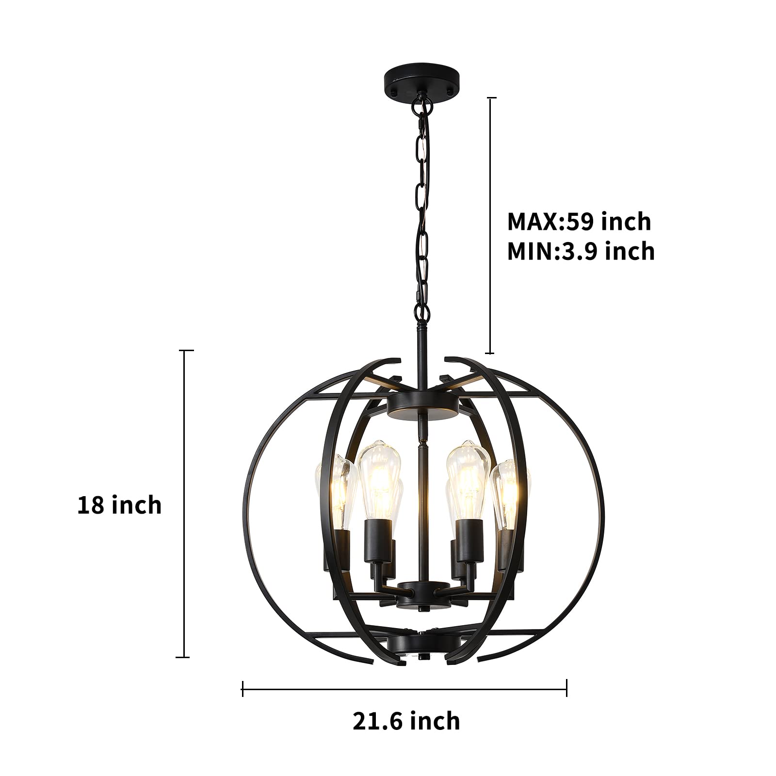 Black Globe Pendant Light Chandelier - Adjustable Hanging 6-Light Fixture for Kitchen, Dining Room, Living Room & Bedroom | Modern Ceiling Lighting for Hallways & Home Decor