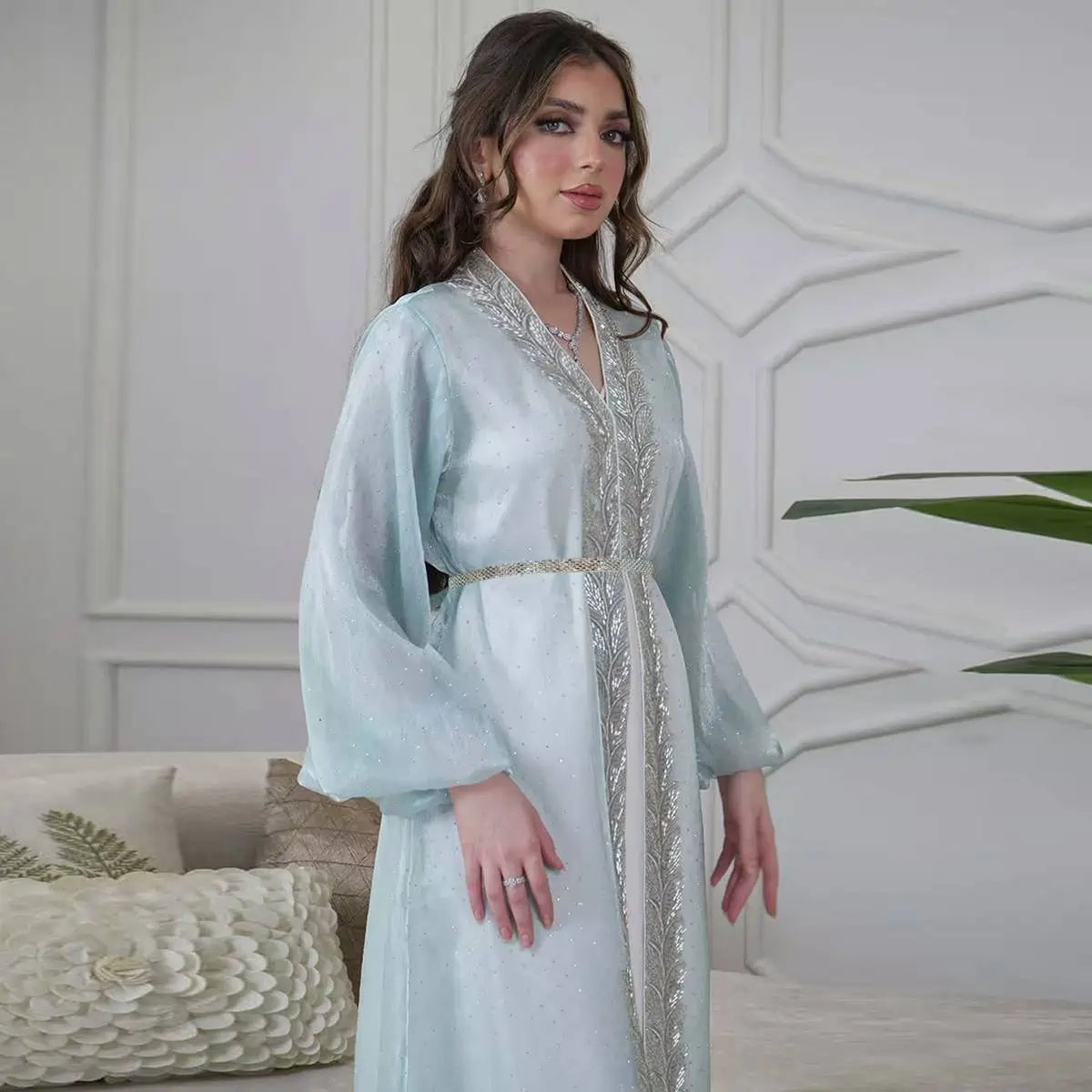 2-Piece Hotfix Rhinestone Caftan Dress Set with Inner Sleeveless Dress #25453 - Elegant Beach Cover Up, Evening Gown & Summer Party Wear for Women