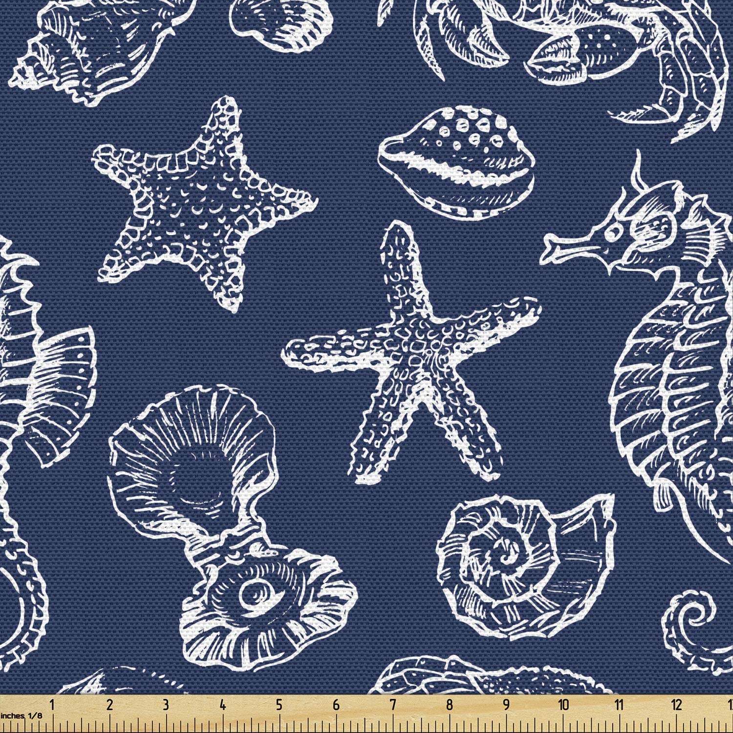 Ambesonne Underwater Fabric by The Yard - Navy Blue & White Ocean Theme with Seashells, Starfish & Marine Creatures - 10 Yards for Upholstery, Curtains & Home Decor | Perfect for Beach House, Coastal Decor & DIY Craft Projects