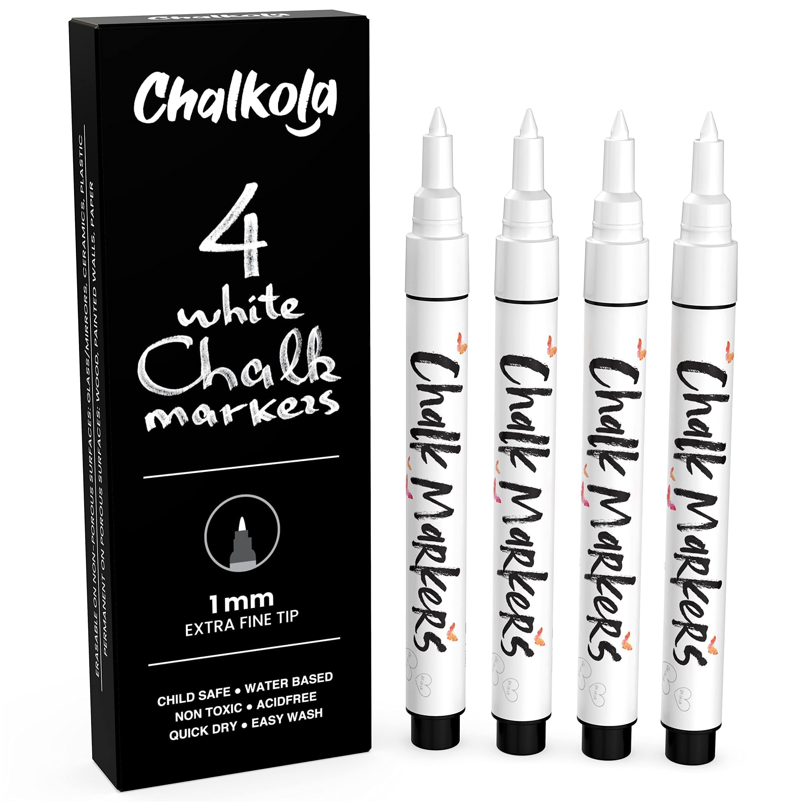 Extra Fine Tip White Chalk Markers (4 Pack 1mm Point) - Dry Erase Marker Pens for Blackboard, Chalkboard, Glass, Windows, Signs - Perfect for Restaurants, Cafes, Bistros, and Classroom Whiteboards