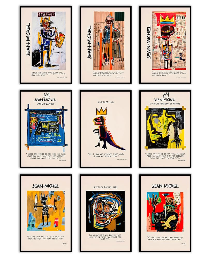 VejiA Set of 9 Jean Michel Basquiat Inspired Graffiti Wall Art Posters - Abstract Street Art Decor, Banksy Style Unframed Prints (8x12 Inches) - Perfect for Living Room, Bedroom, Office & Urban Home Decor