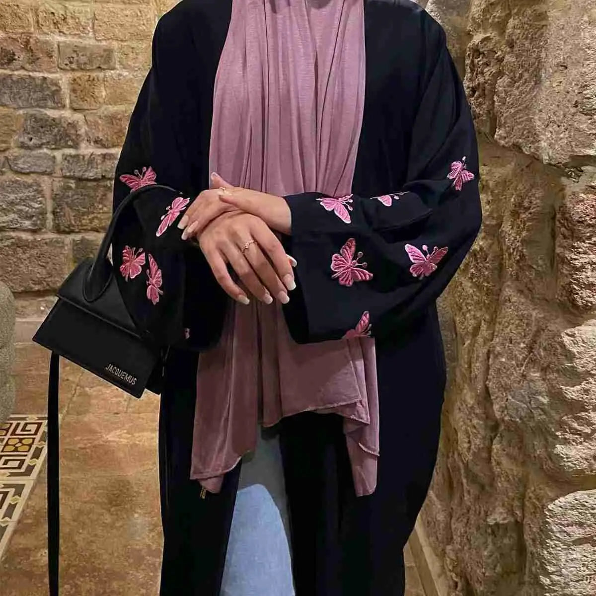 Elegant Butterfly Embroidery Cardigan Open Abaya Dress - Flowy Muslim Kaftan Cover Up for Women, Perfect for Prayer, Mosque, and Special Occasions