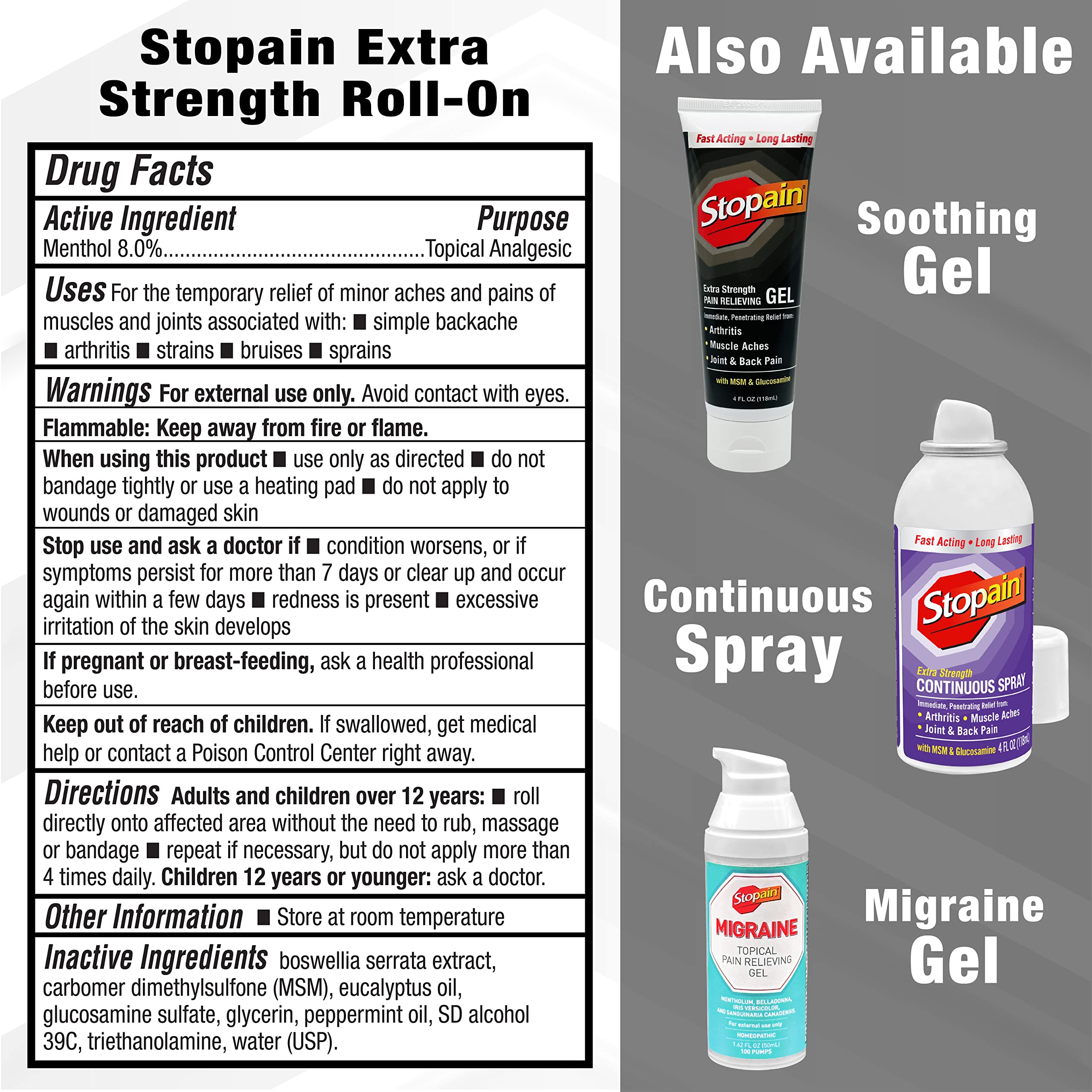 Stopain Pain Relief Roll On Gel 3oz (3 Pack) - Maximum Strength Fast Acting with MSM & Glucosamine - USA Made HSA/FSA Approved - Soothes Back, Knee & Neck Pain - Perfect for Athletes, Office Workers & Arthritis Sufferers