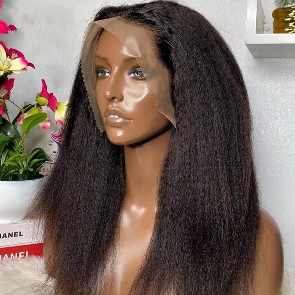 QUINLUX 18 Inch Long Italian Yaki 13x6 Lace Front Human Hair Wig for Black Women - 150% Density Kinky Straight HD Transparent Lace Peruvian Yaki Wig with Pre-Plucked Bleached Knots (Natural Color) | Perfect for Daily Wear, Cosplay, and Special Occasions