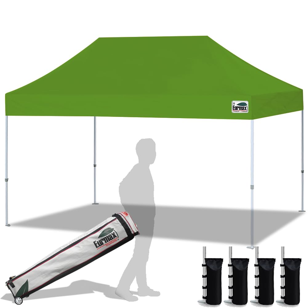 Eurmax USA 10'x15' Heavy Duty Commercial Pop Up Canopy Tent - Instant Shelter with Roller Bag & 4 Sand Weight Bags (Field Green) - Perfect for Outdoor Events, Farmers Markets, Beach Parties, and Camping