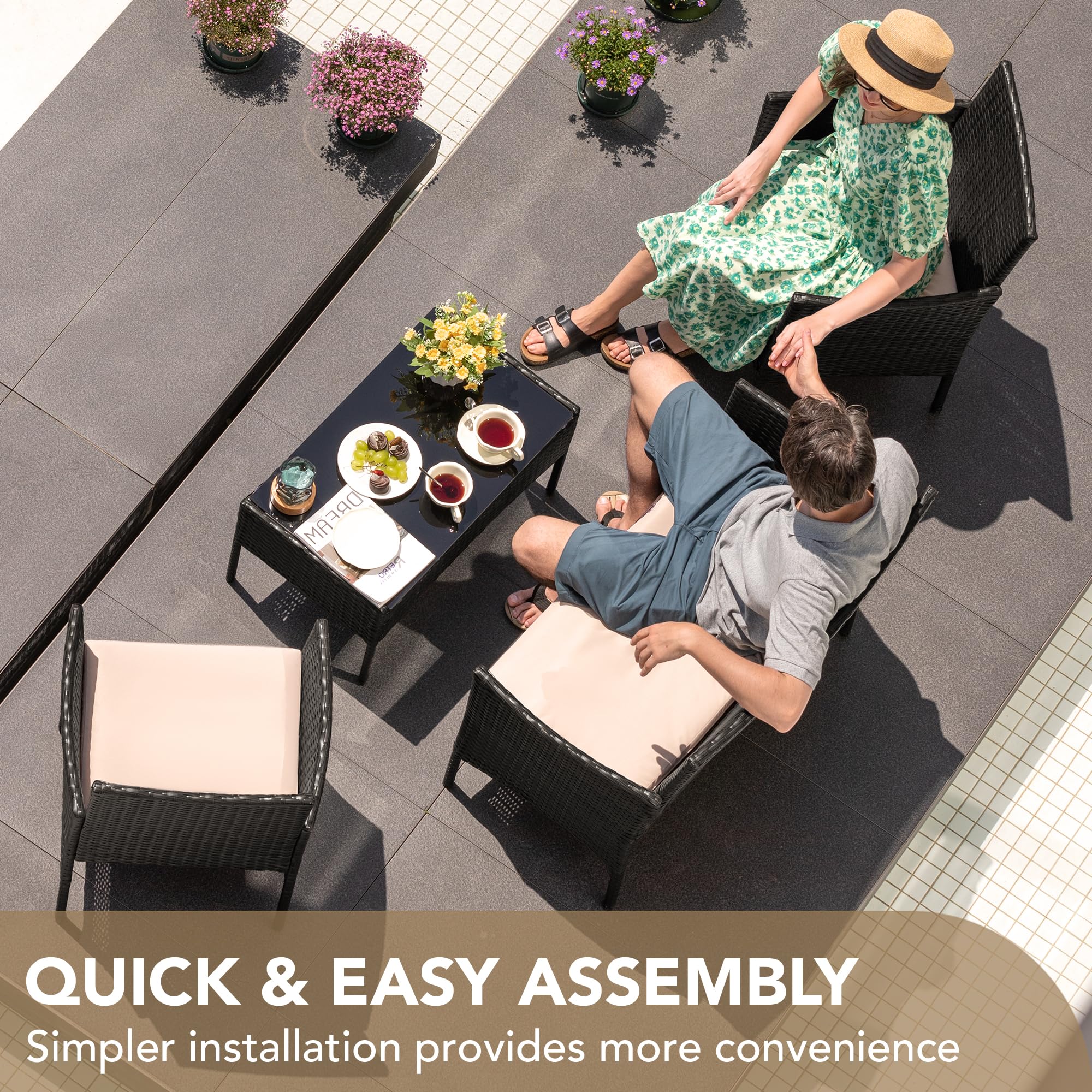 Devoko 4-Piece PE Rattan Wicker Patio Furniture Set with Beige Cushions & Coffee Table - Outdoor Garden, Porch, Backyard Seating Set (Black) - Perfect for Relaxing, Entertaining & Enjoying Sunny Days