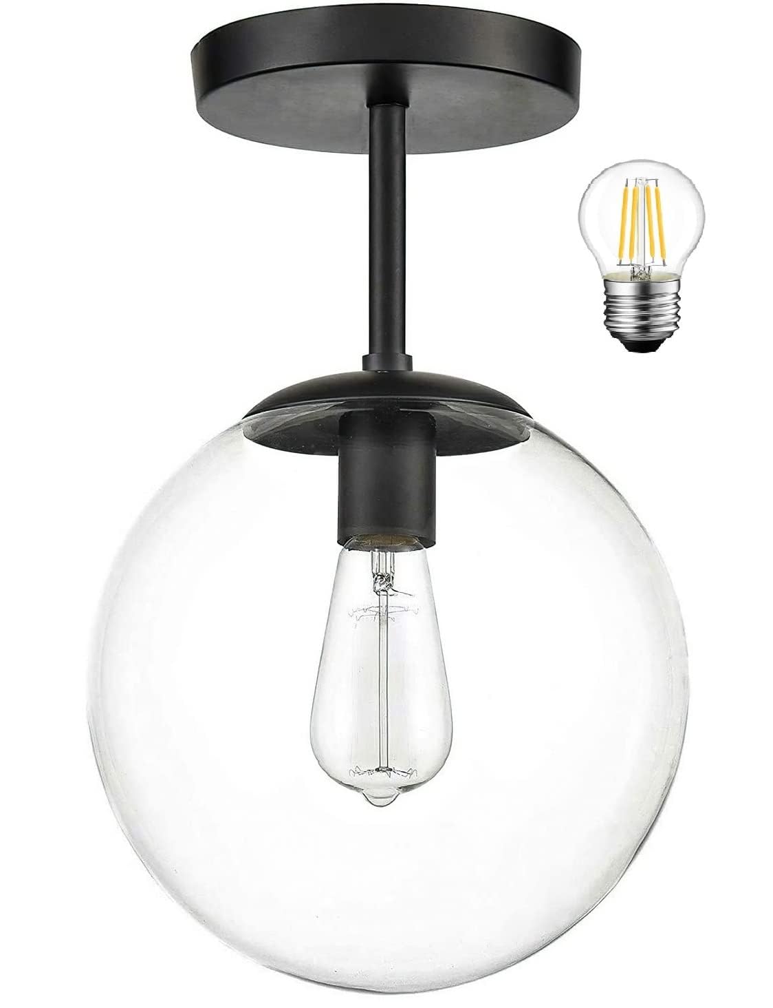 Mid Century Modern Semi Flush Mount Ceiling Light Fixture - Clear Glass Sphere Pendant with Black Finish, 1-Light Hanging Lamp for Kitchen, Hallway, Staircase, Closet & Laundry Room (Bulb Included) | Vintage Home Decor & Industrial Lighting Solution