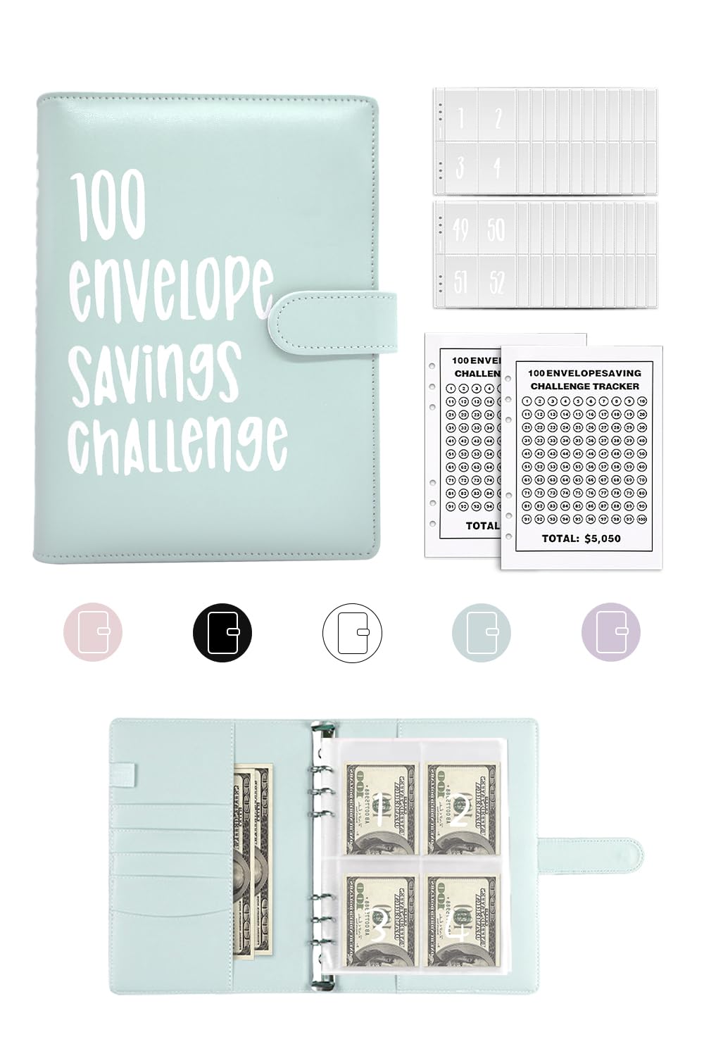100 Envelopes Money Saving Challenge Budget Binder - 52 Week Cash Envelope System for Savings with Pockets | Perfect for Halloween, Christmas Gifts & Financial Planning | Blue Organizer for Friends & Family