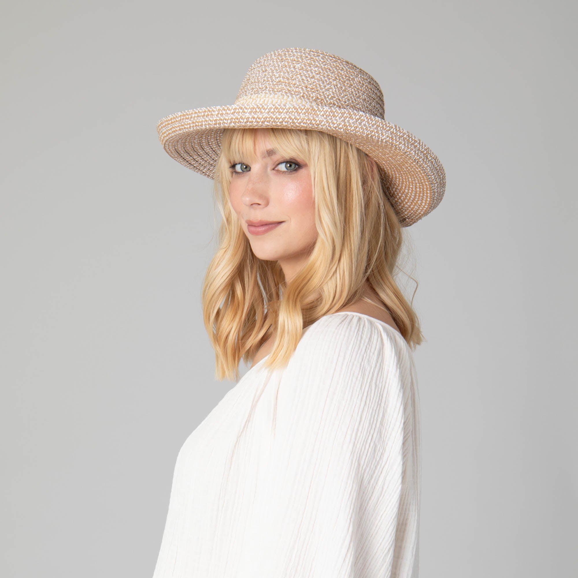 Cora Women's Ultrabraid Turned Up Kettle Brim Hat with Gold Chain Trim - Stylish Sun Hat for Beach, Outdoor Activities & Fashion Accessories
