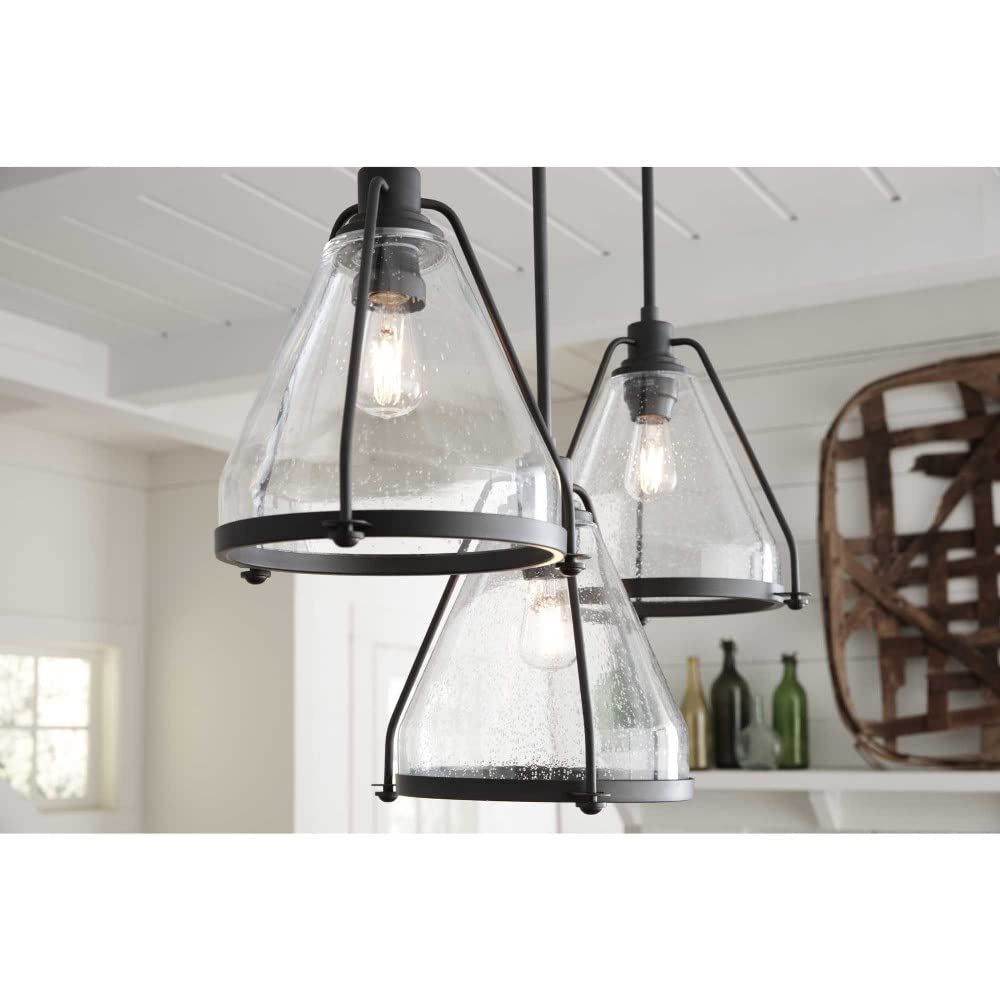 Progress Lighting Coastal Pendant Light - 1-Light Clear Seeded Glass Fixture in Graphite & Black - Perfect for Beach House, Kitchen Island, and Dining Room Decor