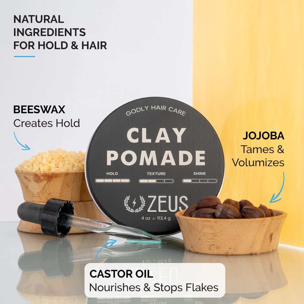 ZEUS Clay Pomade for Men - Strong Hold Styling Hair Wax, 4 oz - Perfect for Textured, Messy & Sleek Hairstyles
