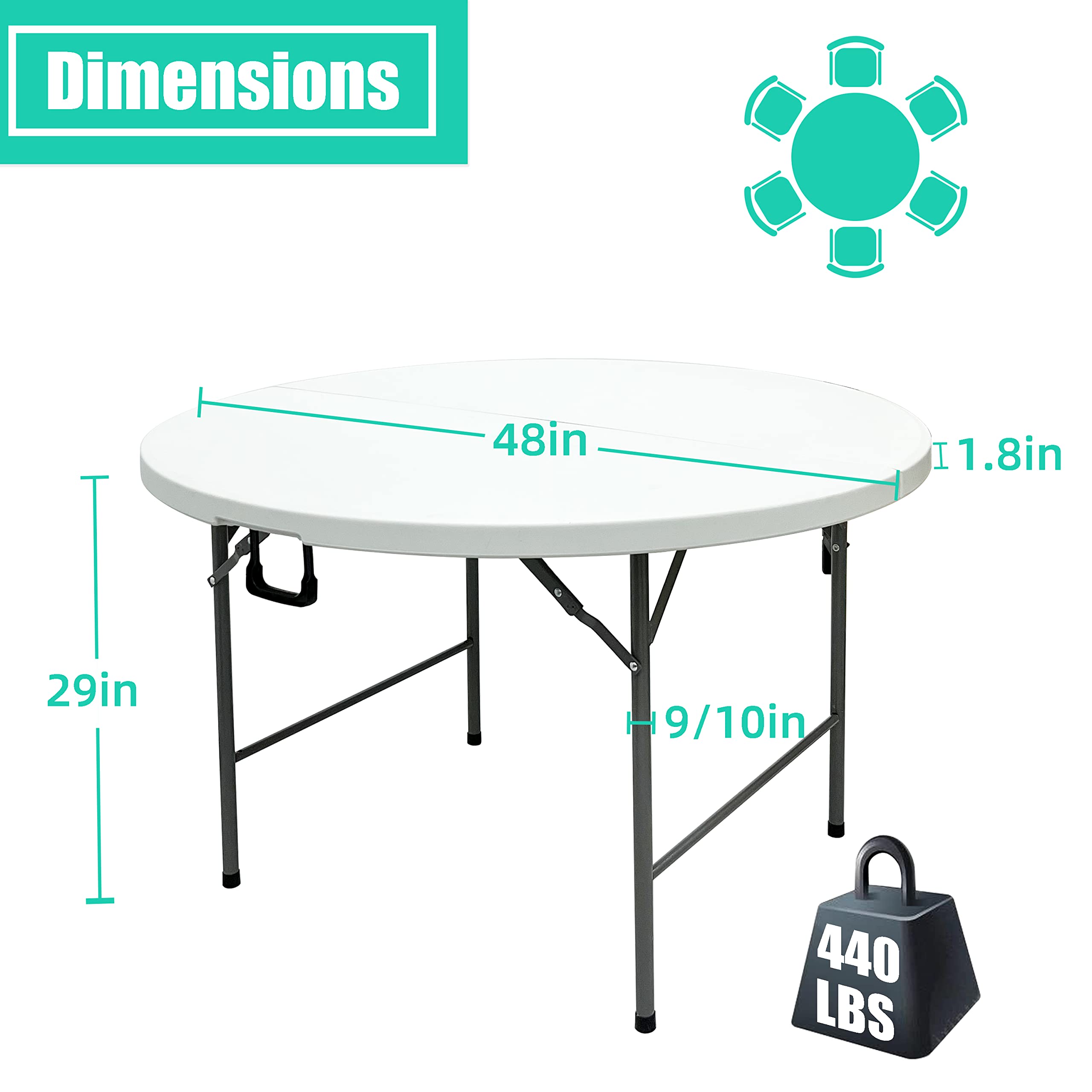 48 Inch Round Folding Table - Heavy Duty 4ft Portable Plastic Card Table with Handle for Indoor & Outdoor Use | Perfect for Parties, Dining, Patio, Picnic, Banquet & Events | White Commercial Grade Foldable Desk for Home, Office & Restaurant